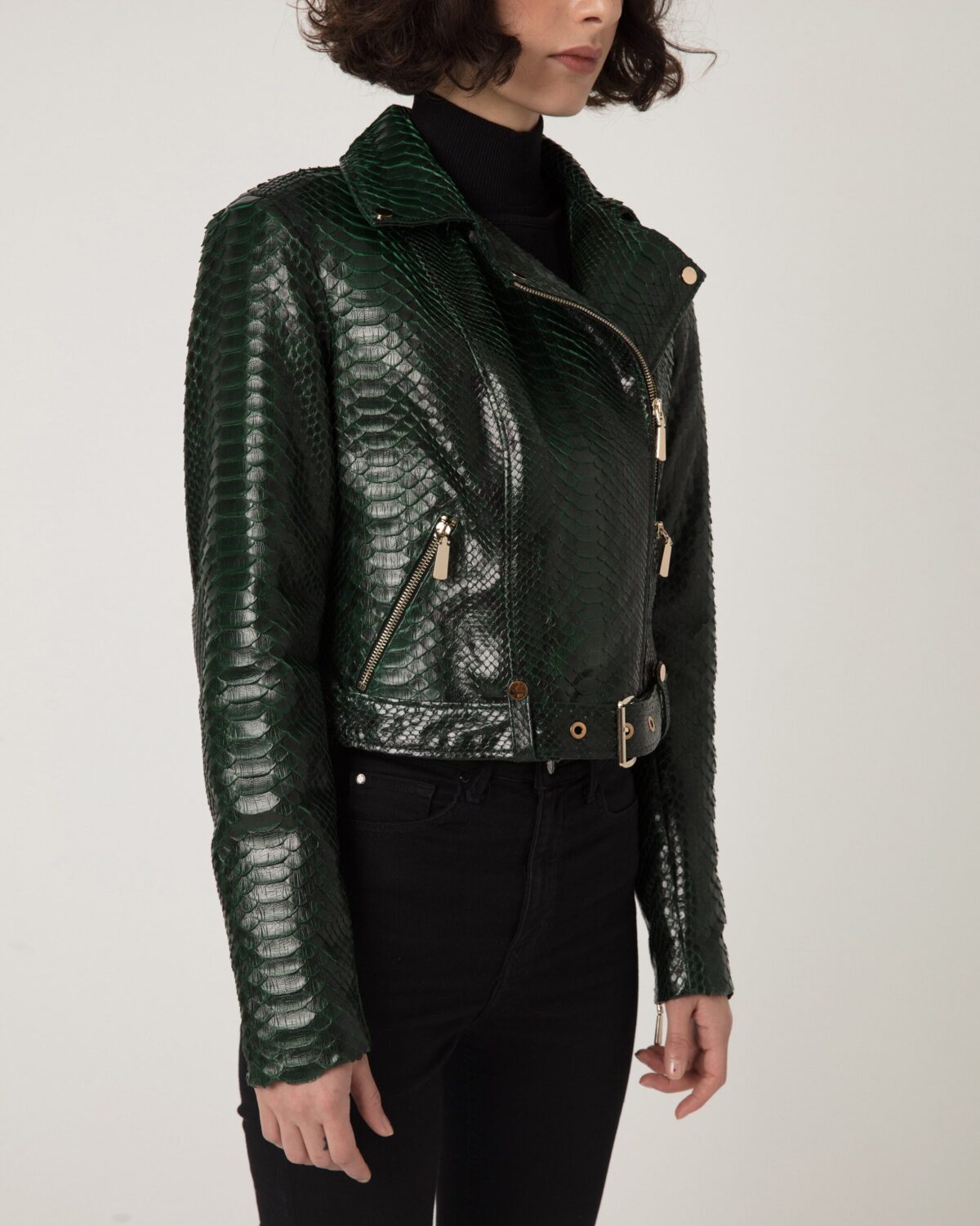 Women's Genuine Python Leather Green Snake Skin Exotic Motorcycle Biker Jacket