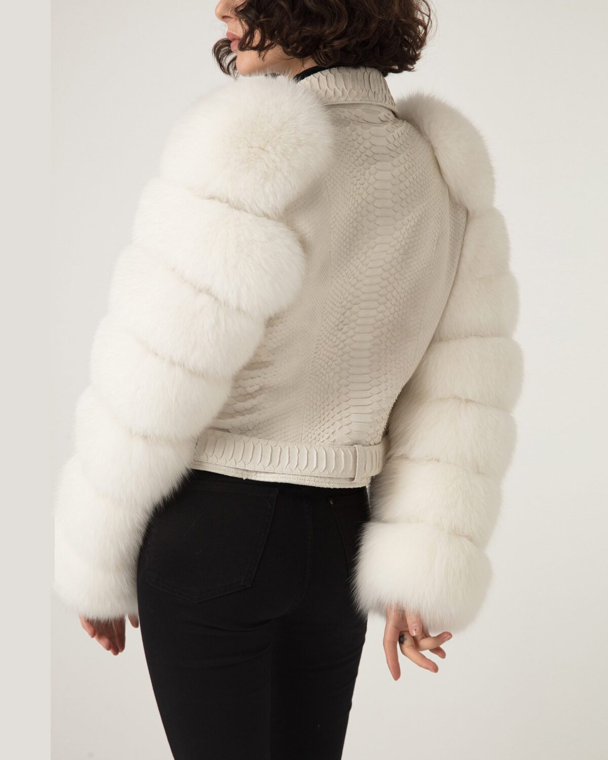 695e60a459f447123fa668fb.jpg Women's Fox Fur Trim Real Python Leather Motorcycle Biker Jacket