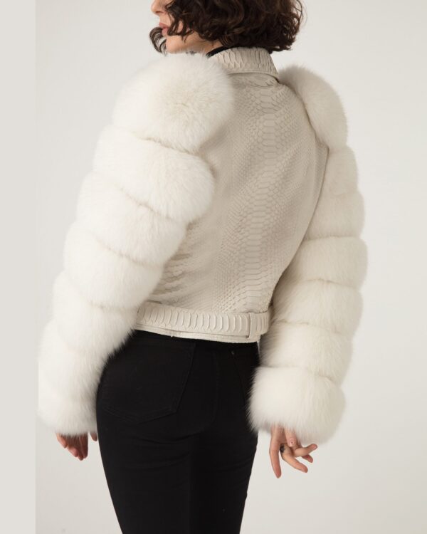 Women's Fox Fur Trim Real Python Leather Motorcycle Biker Jacket