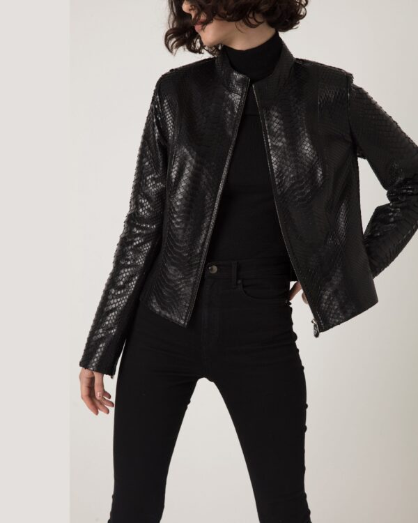 Women's Genuine Python Leather Black Snake Skin Exotic Moto Jacket