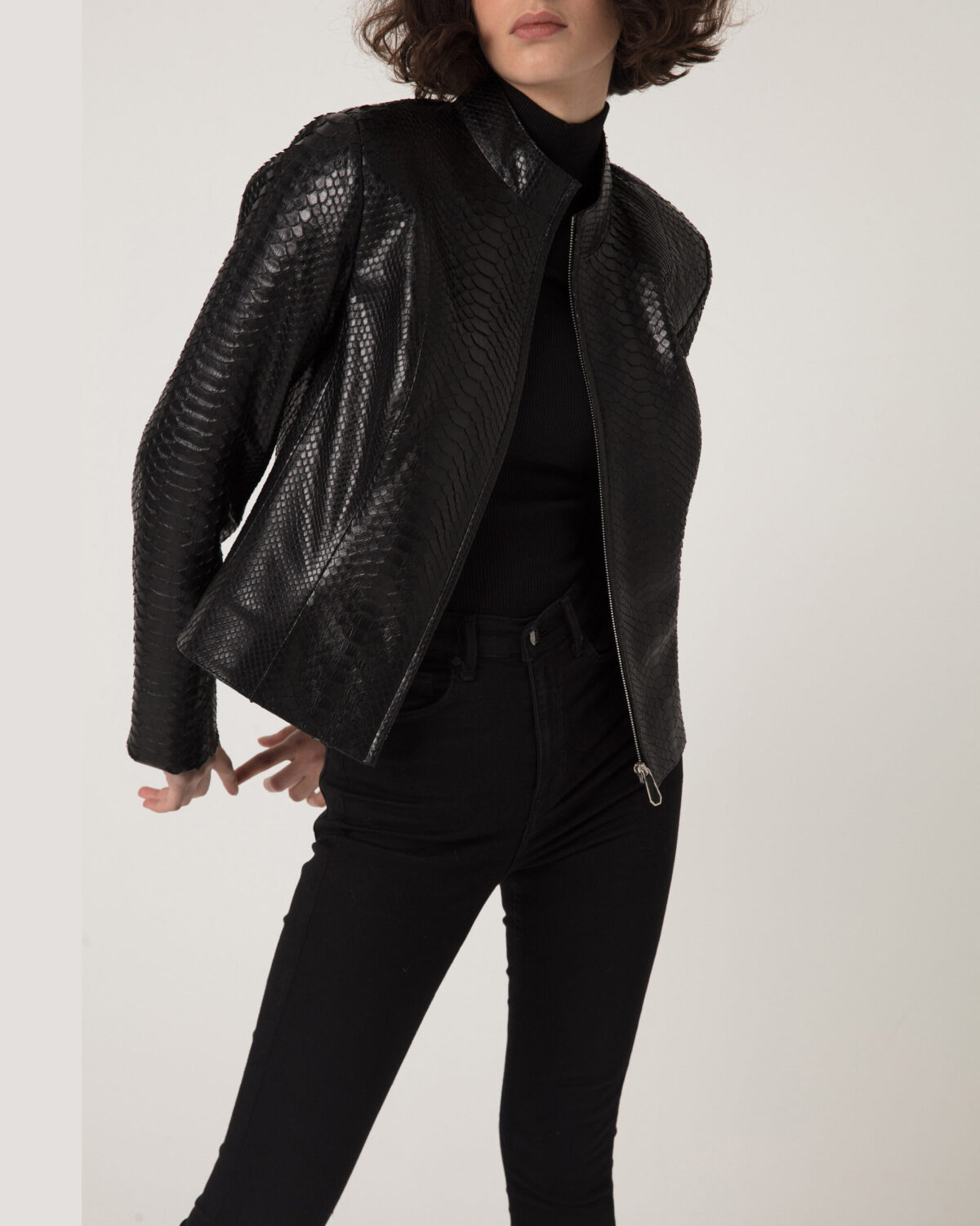 Women's Genuine Python Leather Black Snake Skin Exotic Moto Jacket