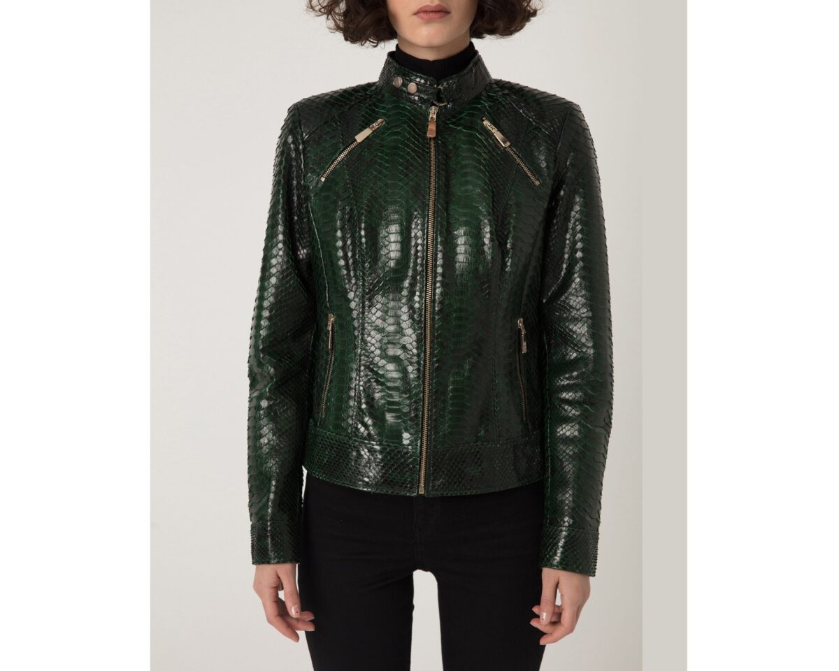 Women's Genuine Python Leather Green Snake Skin Exotic Moto Jacket