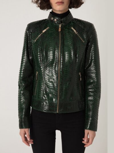 695e60a659f447123fa669b5.jpg Women's Genuine Python Leather Green Snake Skin Exotic Moto Jacket