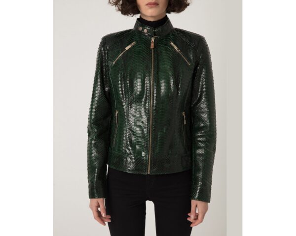 Women's Genuine Python Leather Green Snake Skin Exotic Moto Jacket
