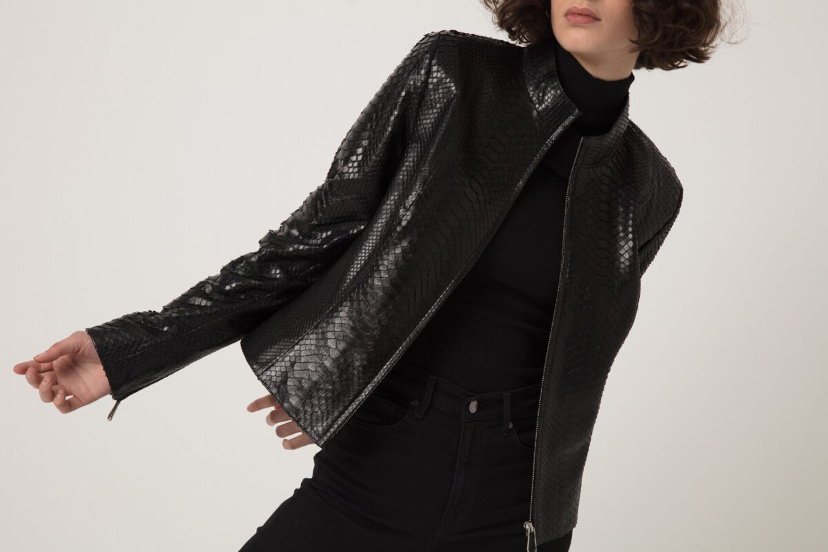 Women's Genuine Python Leather Black Snake Skin Exotic Moto Jacket