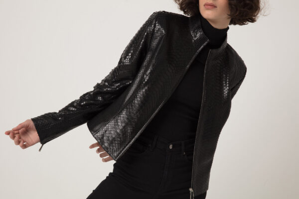 Women's Genuine Python Leather Black Snake Skin Exotic Moto Jacket