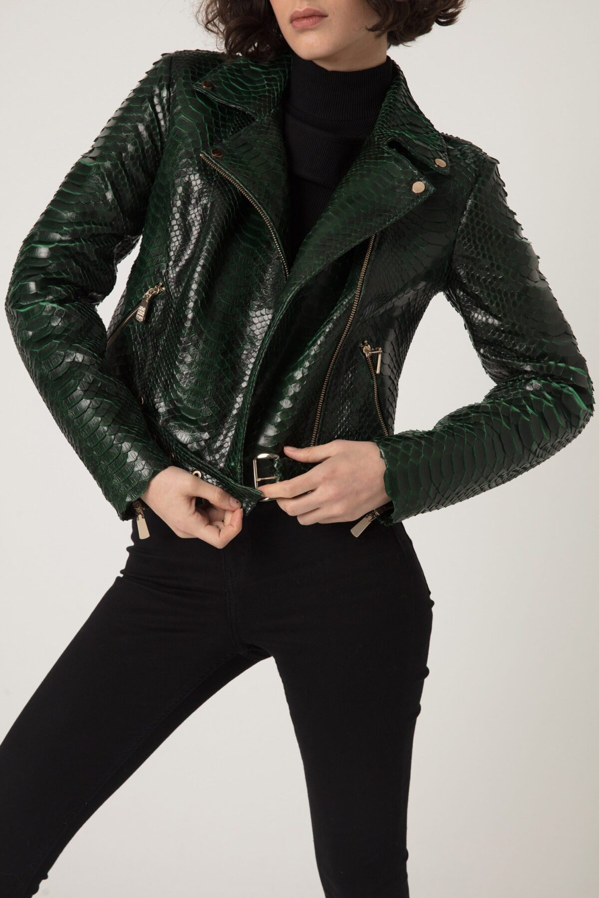 Women's Genuine Python Leather Green Snake Skin Exotic Motorcycle Biker Jacket