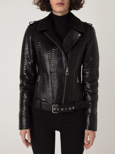 Women's Genuine Python Leather Black Motorcycle Biker Jacket