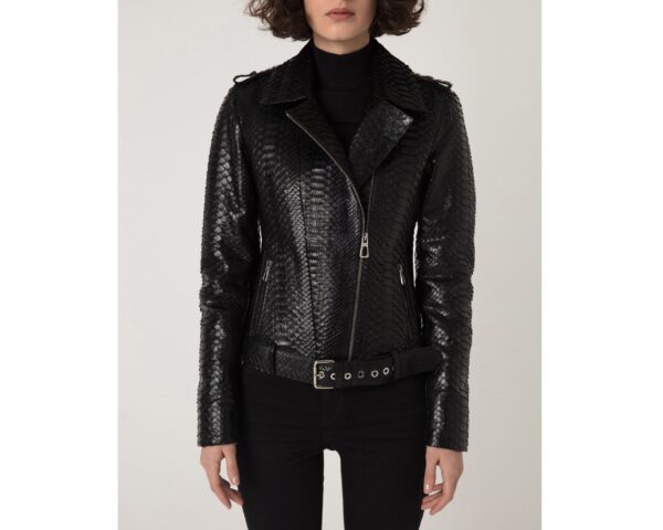 Women's Genuine Python Leather Black Motorcycle Biker Jacket