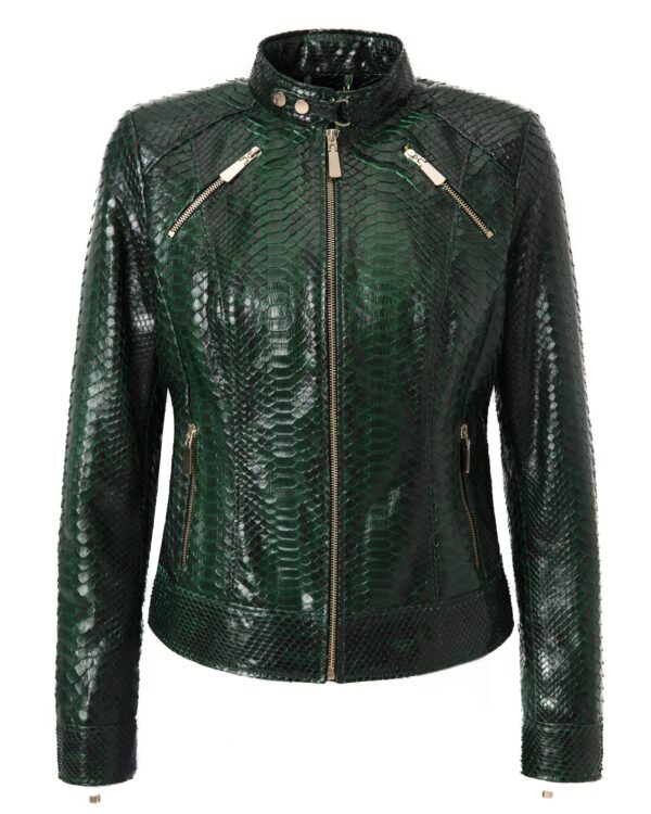 Women's Genuine Python Leather Green Snake Skin Exotic Moto Jacket
