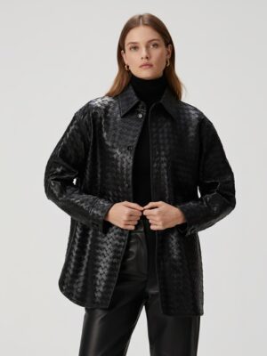 Intrecciato Woven Leather Shirt: Women's Handmade Lambskin Oversized Jacket