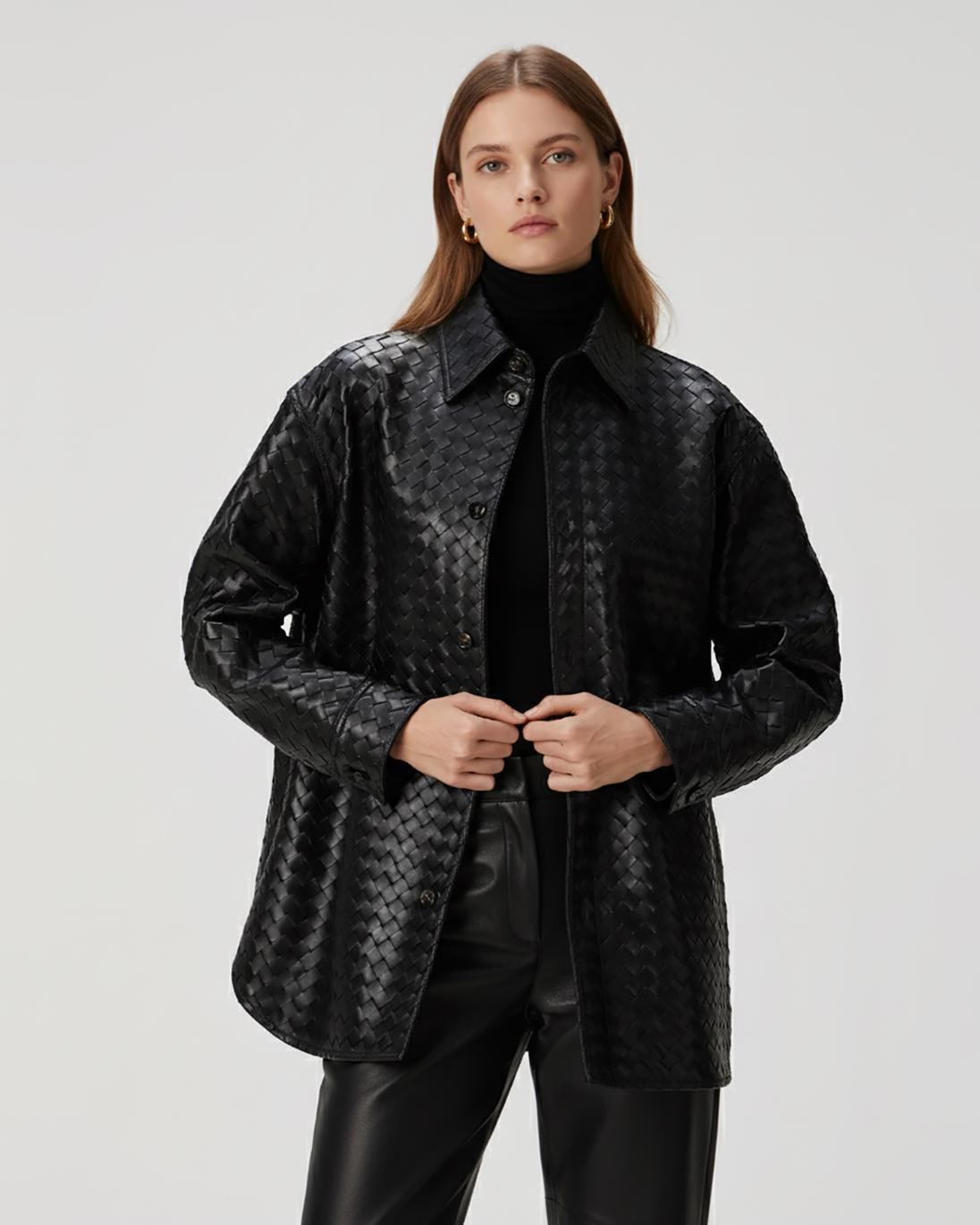 695e60a959f447123fa66ae2.jpg Intrecciato Woven Leather Shirt: Women's Handmade Lambskin Oversized Jacket