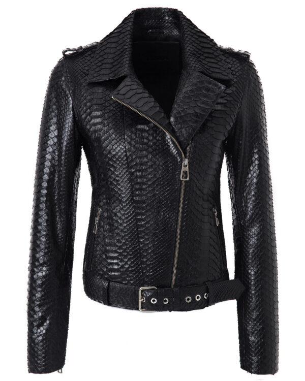 Women's Genuine Python Leather Black Motorcycle Biker Jacket