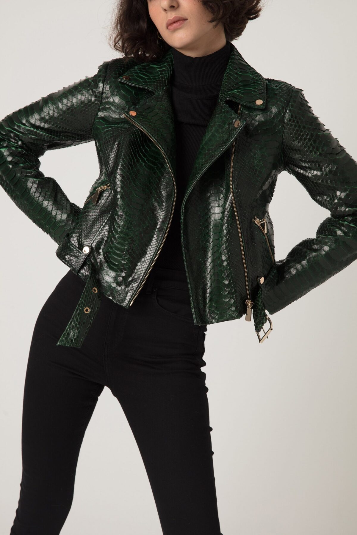 Women's Genuine Python Leather Green Snake Skin Exotic Motorcycle Biker Jacket