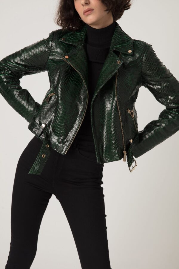 Women's Genuine Python Leather Green Snake Skin Exotic Motorcycle Biker Jacket