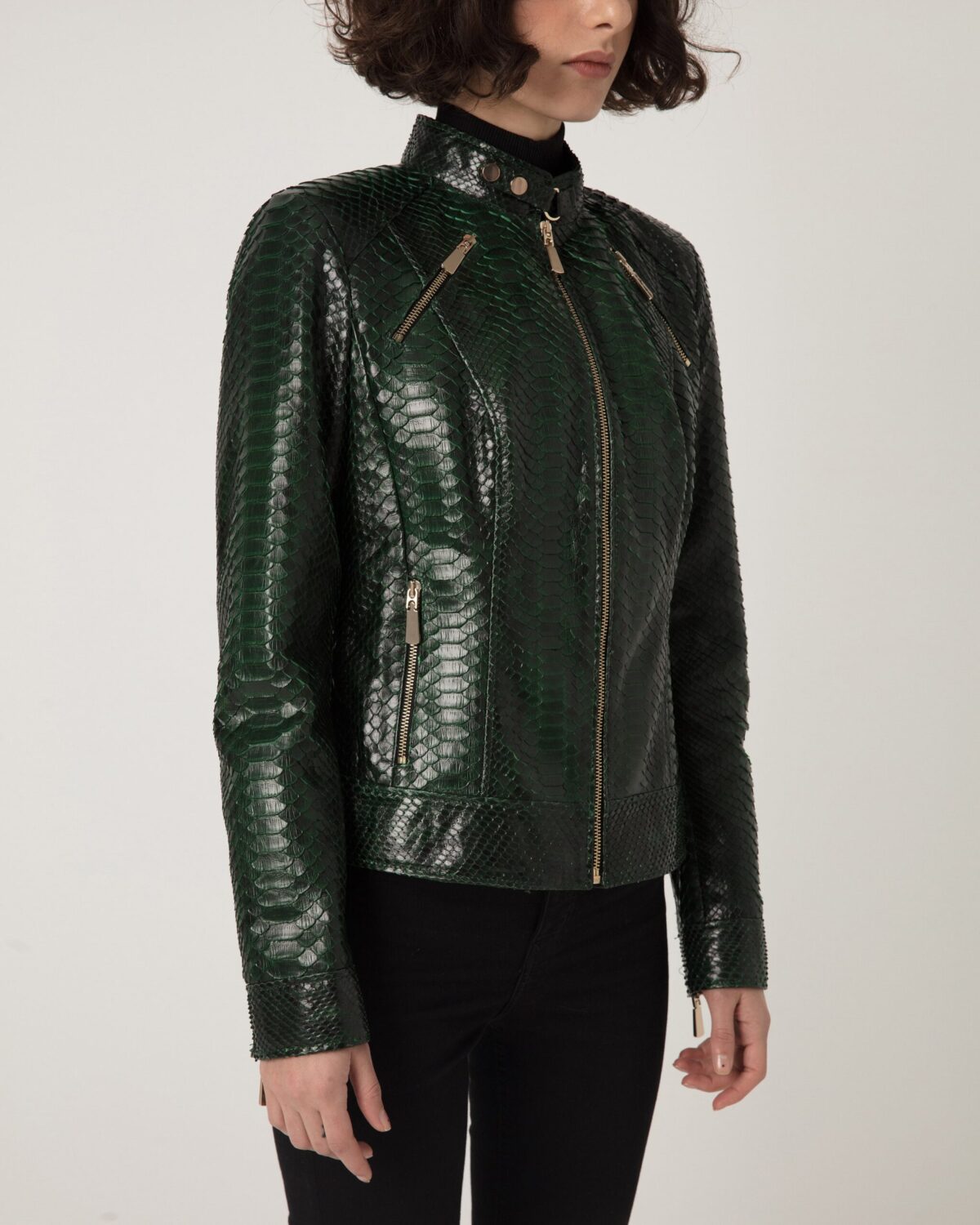 Women's Genuine Python Leather Green Snake Skin Exotic Moto Jacket