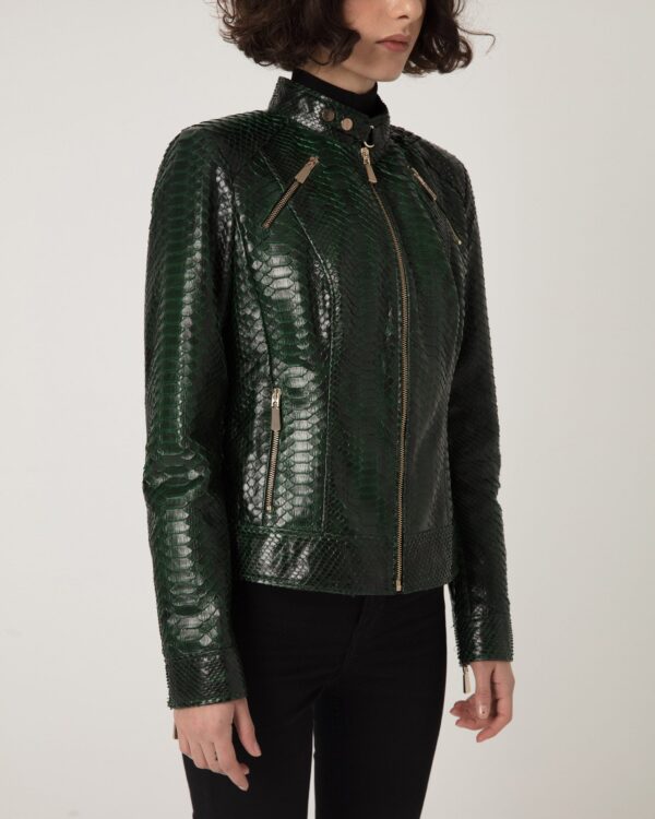 Women's Genuine Python Leather Green Snake Skin Exotic Moto Jacket