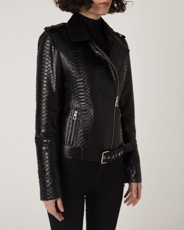 Women's Genuine Python Leather Black Motorcycle Biker Jacket