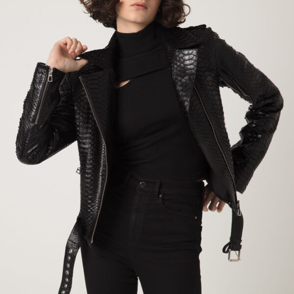 Women's Genuine Python Leather Black Motorcycle Biker Jacket