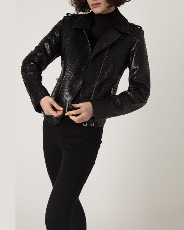 Women's Genuine Python Leather Black Motorcycle Biker Jacket