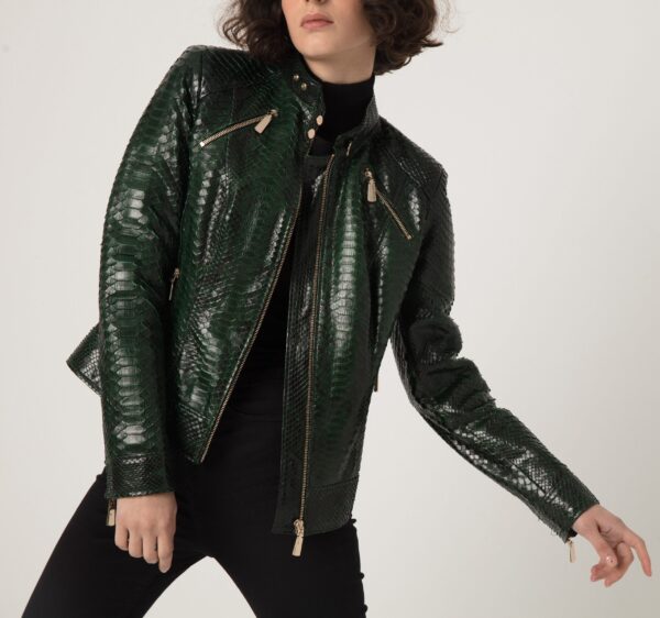 Women's Genuine Python Leather Green Snake Skin Exotic Moto Jacket