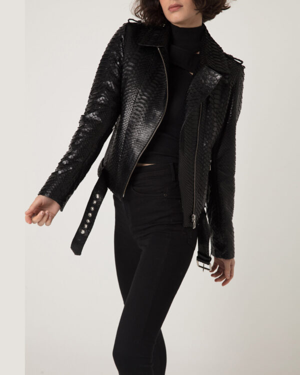 Women's Genuine Python Leather Black Motorcycle Biker Jacket