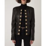 Handmade Black Lambskin Leather Jacket: Lion Embossed Gold Buttons