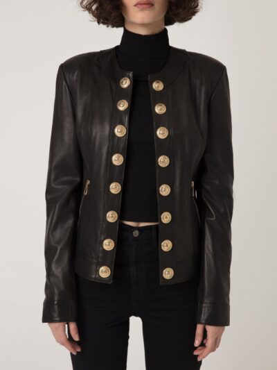 Handmade Black Lambskin Leather Jacket: Lion Embossed Gold Buttons