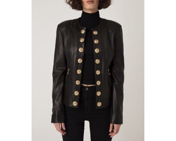 Handmade Black Lambskin Leather Jacket: Lion Embossed Gold Buttons