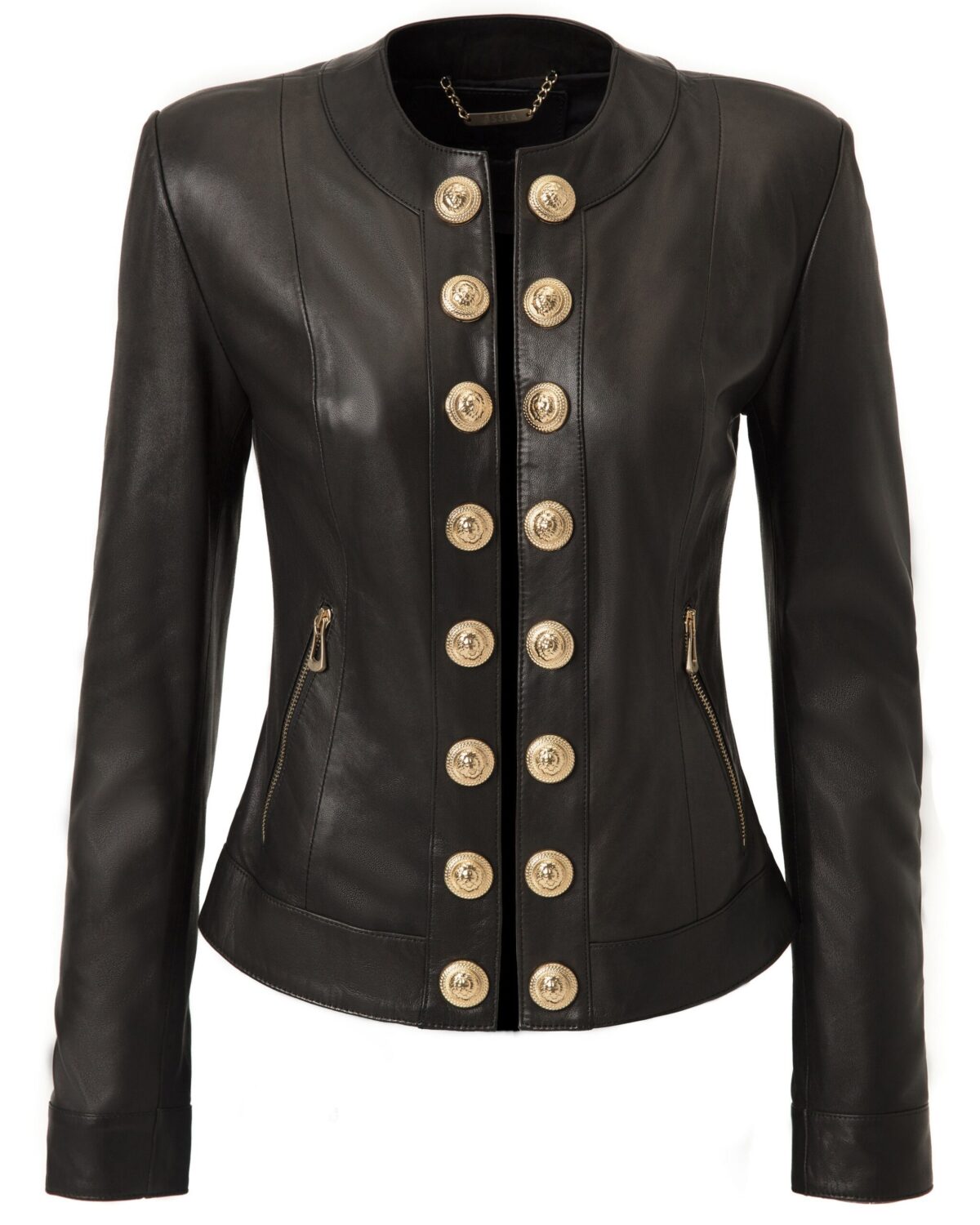 695e60b559f447123fa66e06.jpg Handmade Black Lambskin Leather Jacket: Lion Embossed Gold Buttons