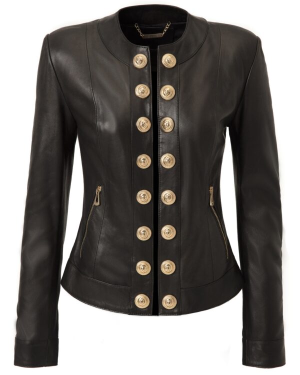 Handmade Black Lambskin Leather Jacket: Lion Embossed Gold Buttons