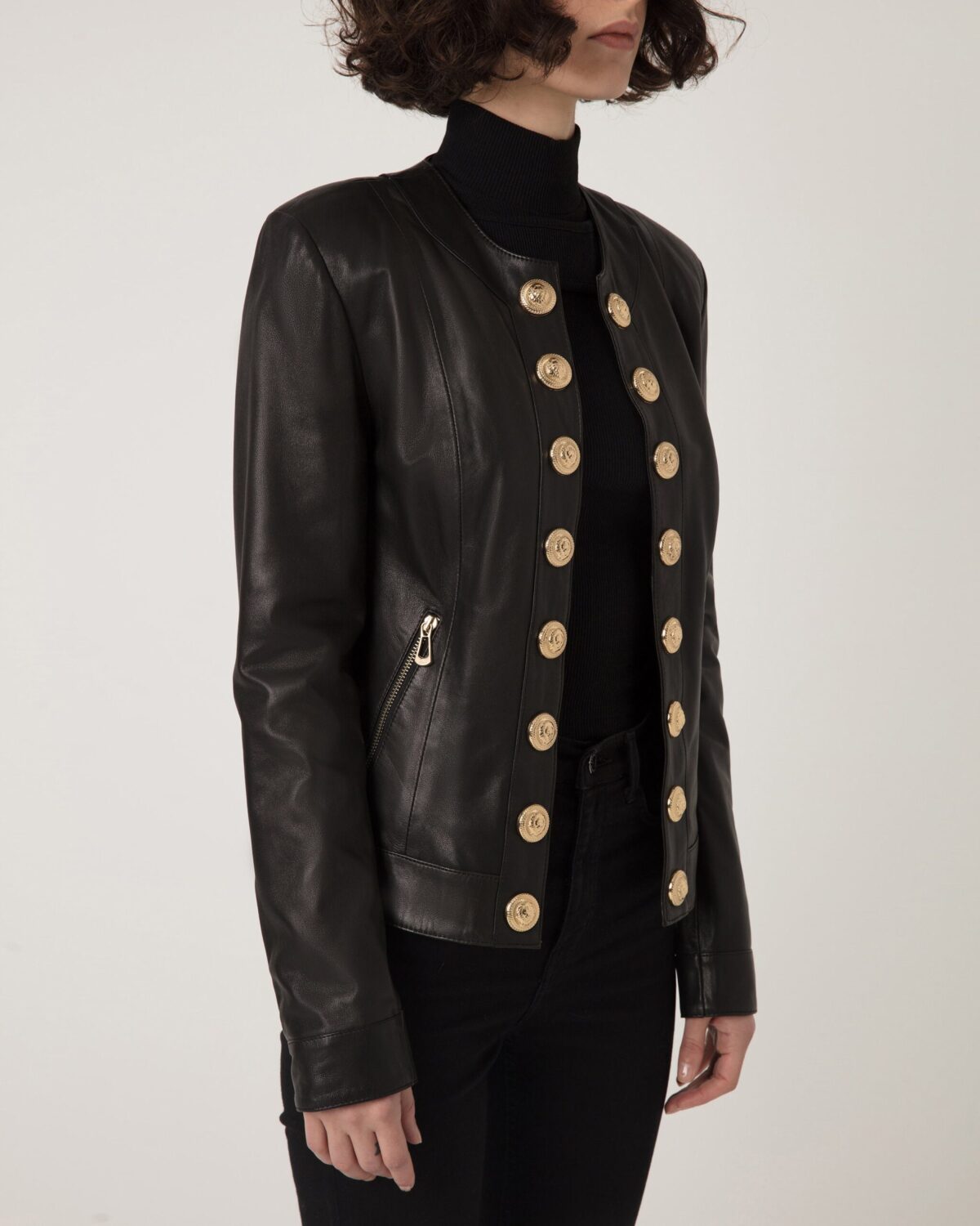 695e60b559f447123fa66e0e.jpg Handmade Black Lambskin Leather Jacket: Lion Embossed Gold Buttons