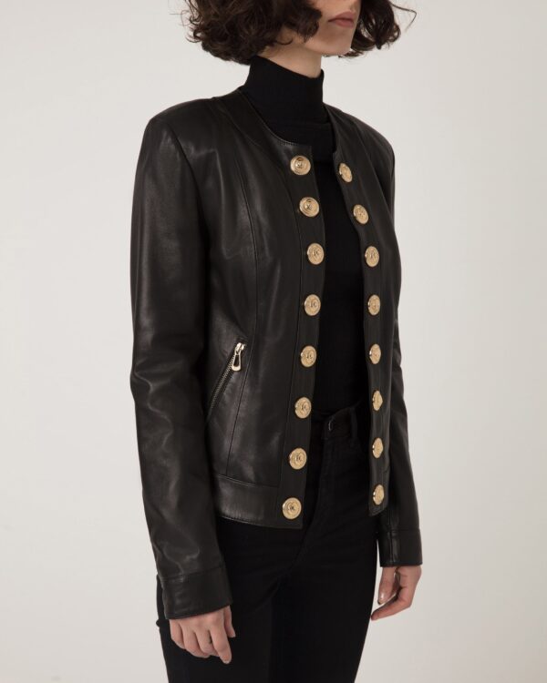 Handmade Black Lambskin Leather Jacket: Lion Embossed Gold Buttons