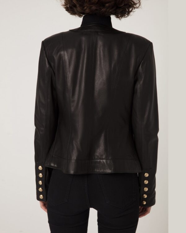 Handmade Black Lambskin Leather Jacket: Lion Embossed Gold Buttons