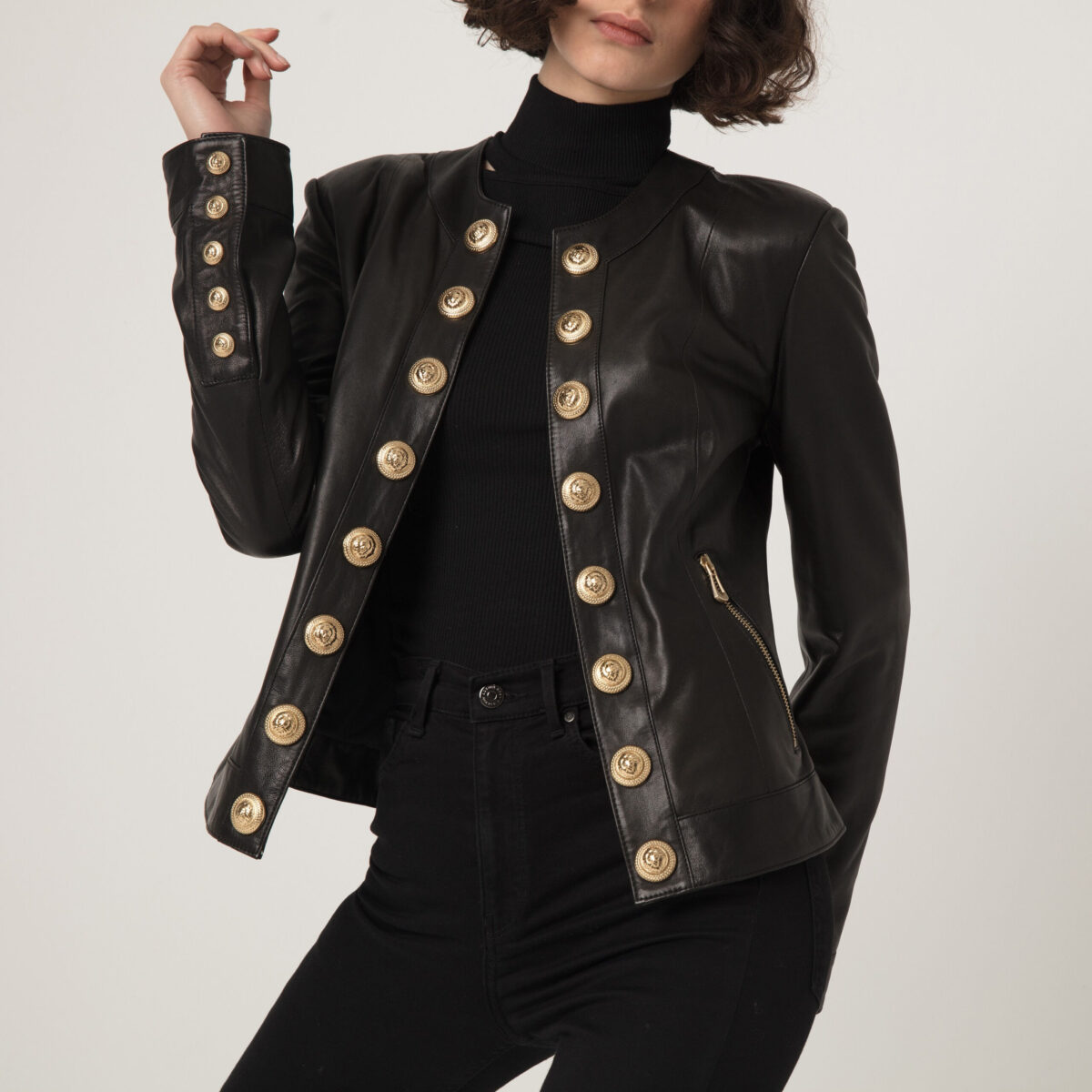695e60b559f447123fa66e14.jpg Handmade Black Lambskin Leather Jacket: Lion Embossed Gold Buttons