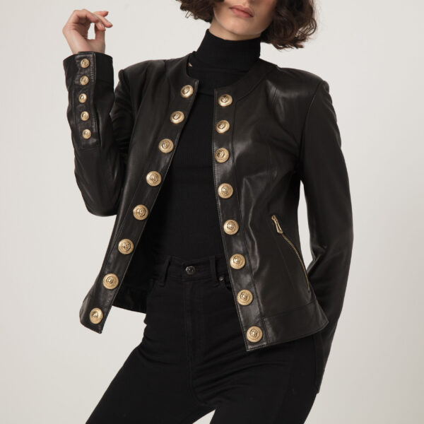 Handmade Black Lambskin Leather Jacket: Lion Embossed Gold Buttons