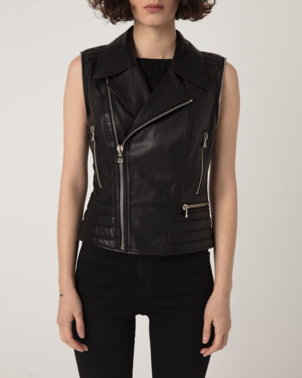 Women's Genuine Leather Black Removable Sleeves Motorcycle Biker Jacket Vest