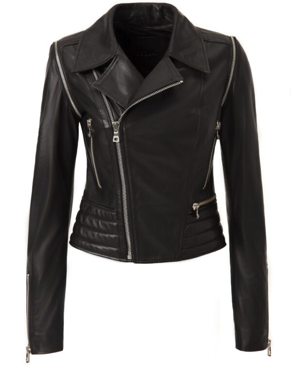 Women's Genuine Leather Black Removable Sleeves Motorcycle Biker Jacket Vest
