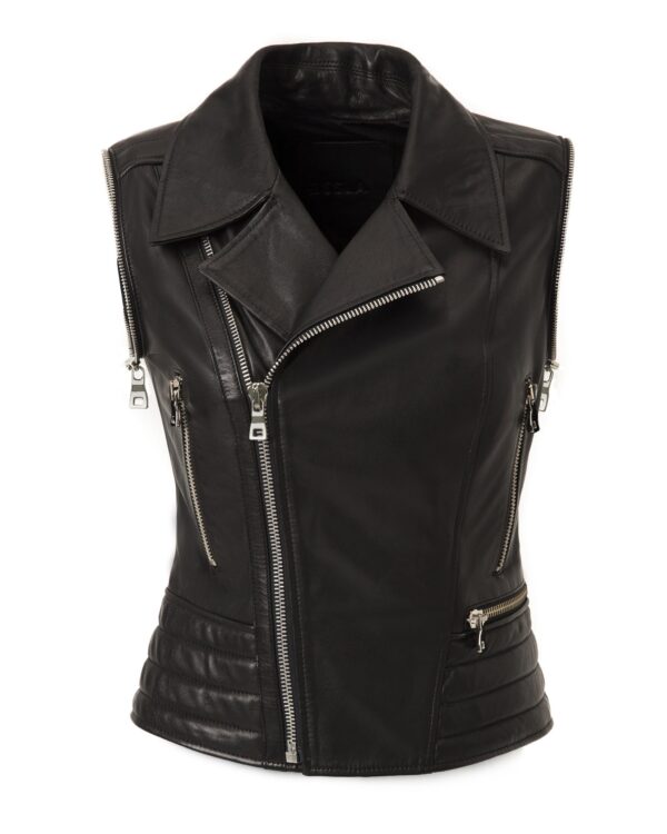 Women's Genuine Leather Black Removable Sleeves Motorcycle Biker Jacket Vest