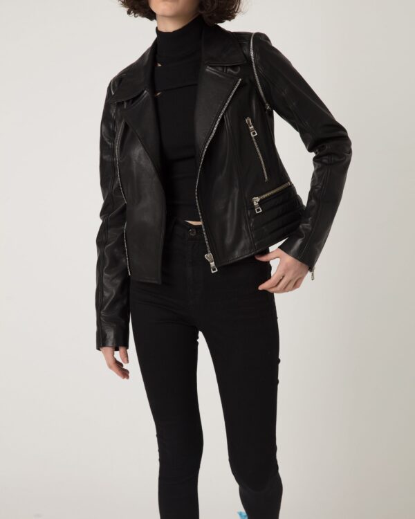 Women's Genuine Leather Black Removable Sleeves Motorcycle Biker Jacket Vest