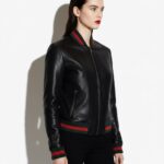 Italian Lambskin Leather Bomber Jacket - Red Green Stripe Trim