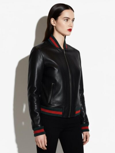 Italian Lambskin Leather Bomber Jacket - Red Green Stripe Trim