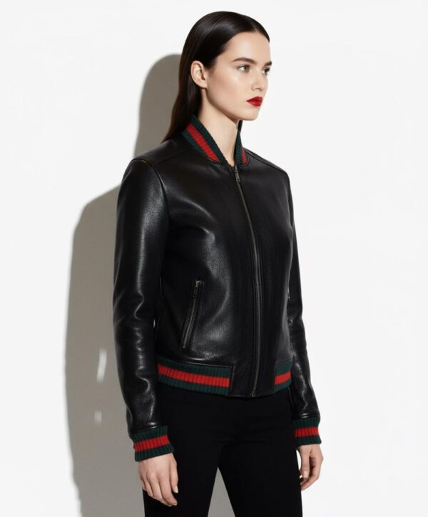 Italian Lambskin Leather Bomber Jacket - Red Green Stripe Trim