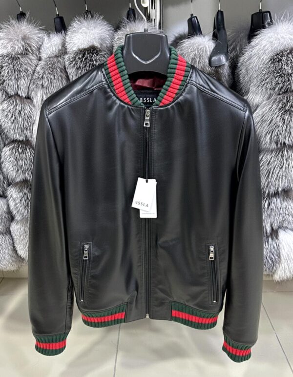 Italian Lambskin Leather Bomber Jacket - Red Green Stripe Trim