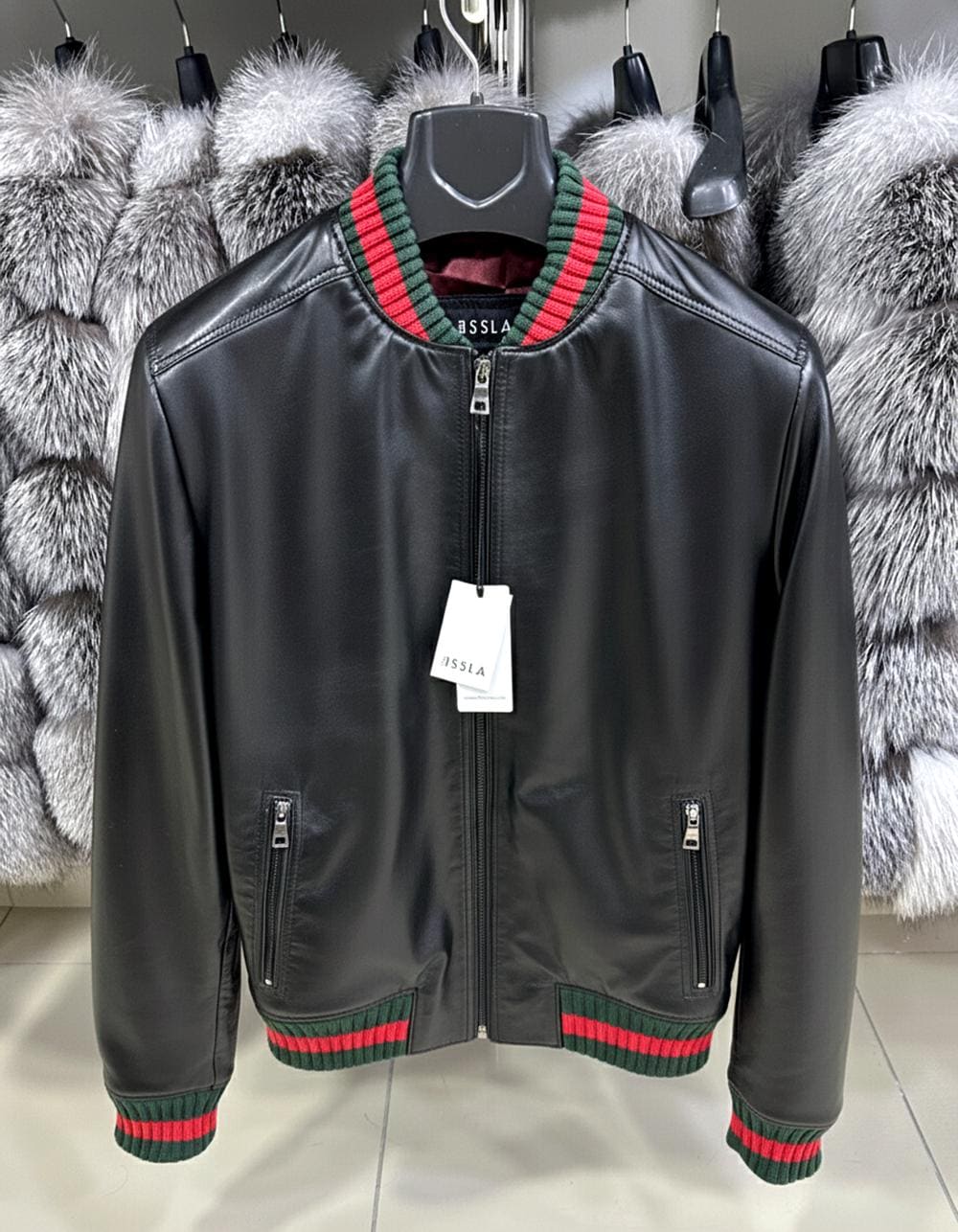 Italian Lambskin Leather Bomber Jacket - Red Green Stripe Trim