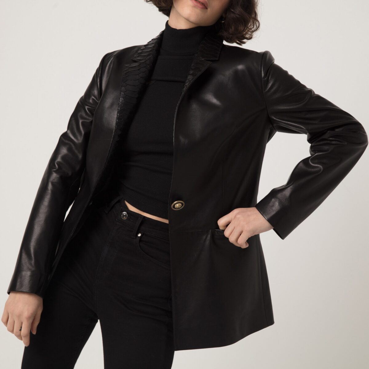 Leather Blazer with Python Trim