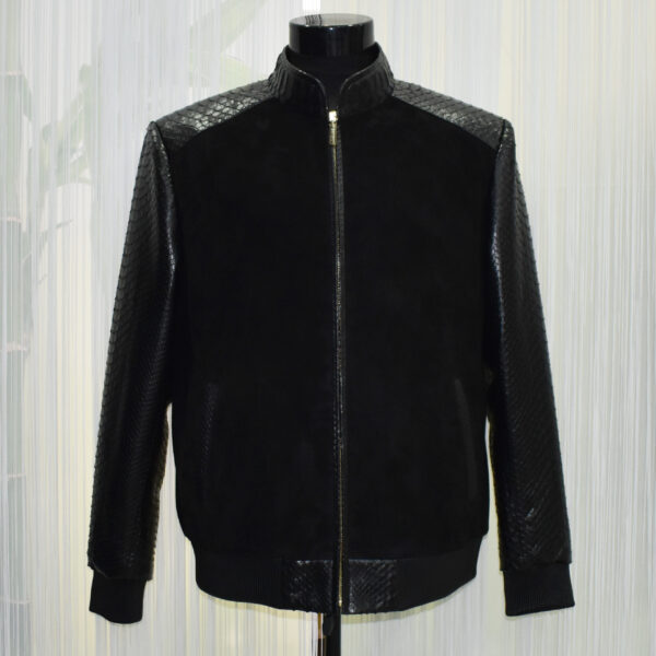 Men's Black Suede Jacket with Genuine Python Leather Sleeves