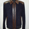 Men's Brown Real Python Trim Genuine Leather Navy Blue Metis Suede Jacket