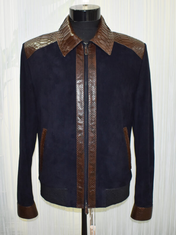 Men's Brown Real Python Trim Genuine Leather Navy Blue Metis Suede Jacket