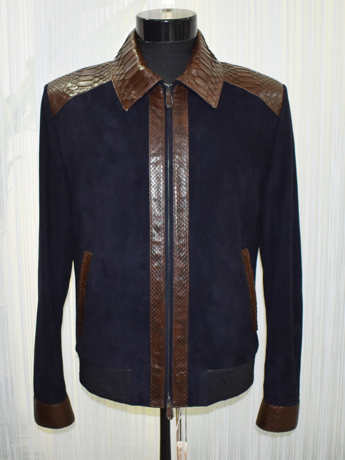 Navy Metis Suede Jacket with Brown Python Trim